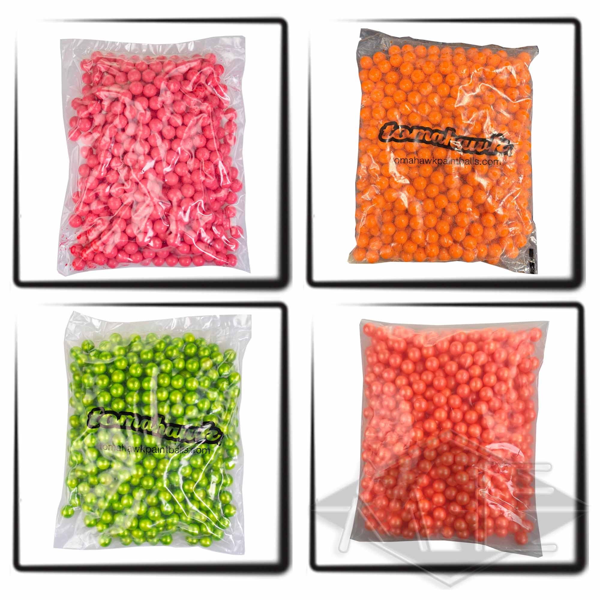 Tomahawk "TOURNAMENT sample box" cal. 68 paintballs, 2000 box buntePerlen, Kunststoffperlen, rosaPerlen, orangePerlen, grünePerlen