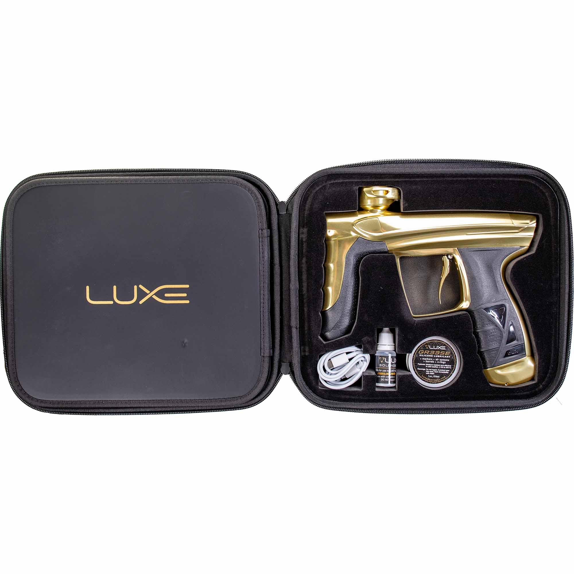 DLX Luxe® AIRE marker, polished gold Paintballgewehr, goldene Farbe, Pistolengriff, Hülle, Zubehör