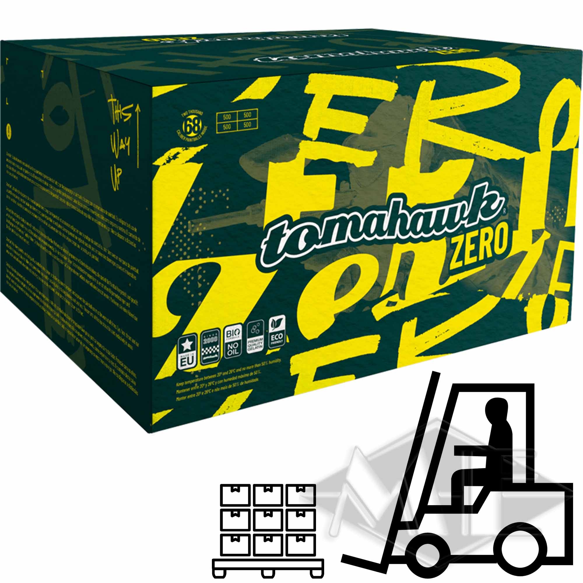 Tomahawk "Zero" paintballs, 65 boxes 1/2 Pallet Box, Grün Gelb, Zero, Tomahawk, Verpackung