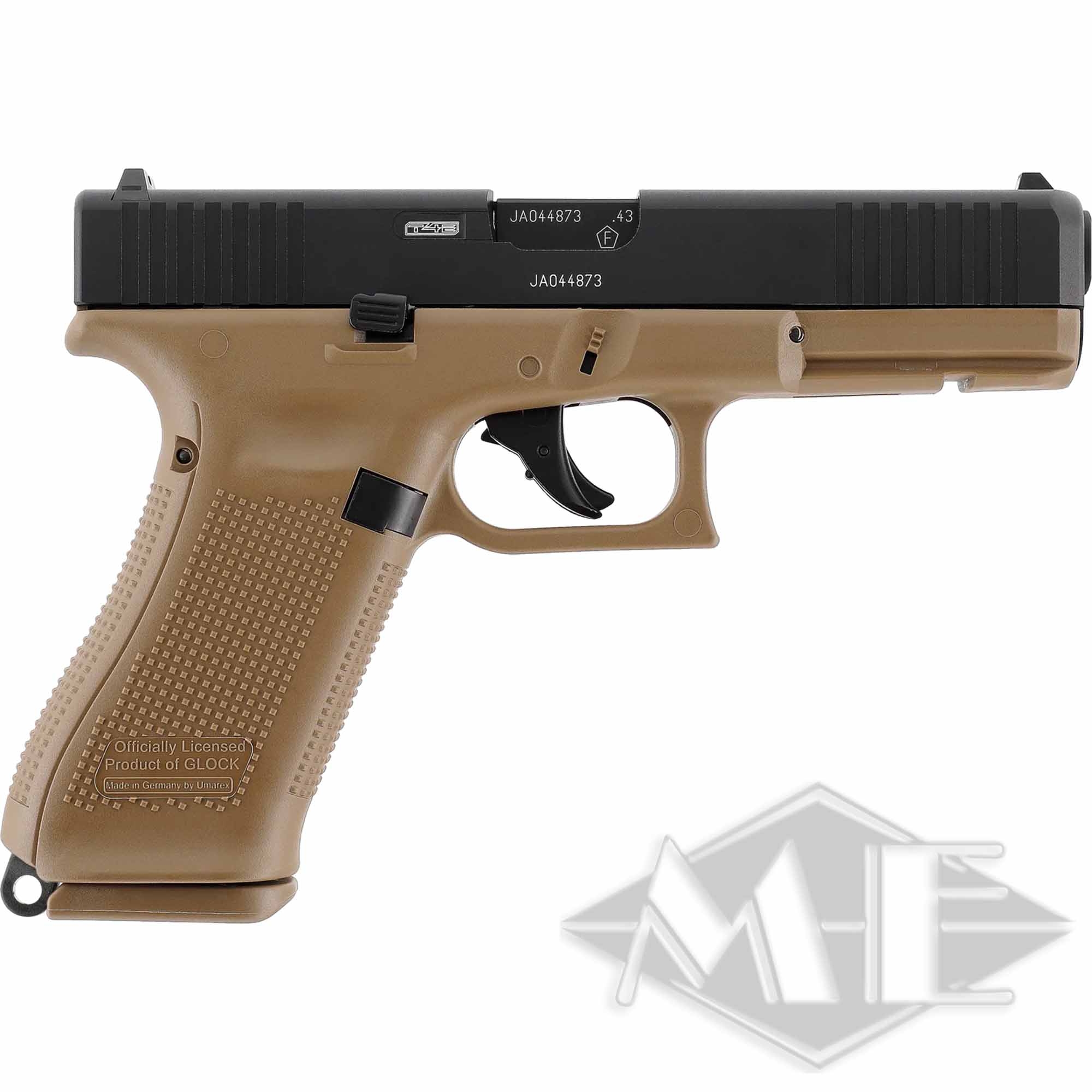 Umarex Glock marker cal.43 "GLOCK 17 Gen5 T4E" (Frech Army) Pistole, Glock-Replik, schwarzer Schlitten, sandfarbenes Gehäuse, strukturierter Griff