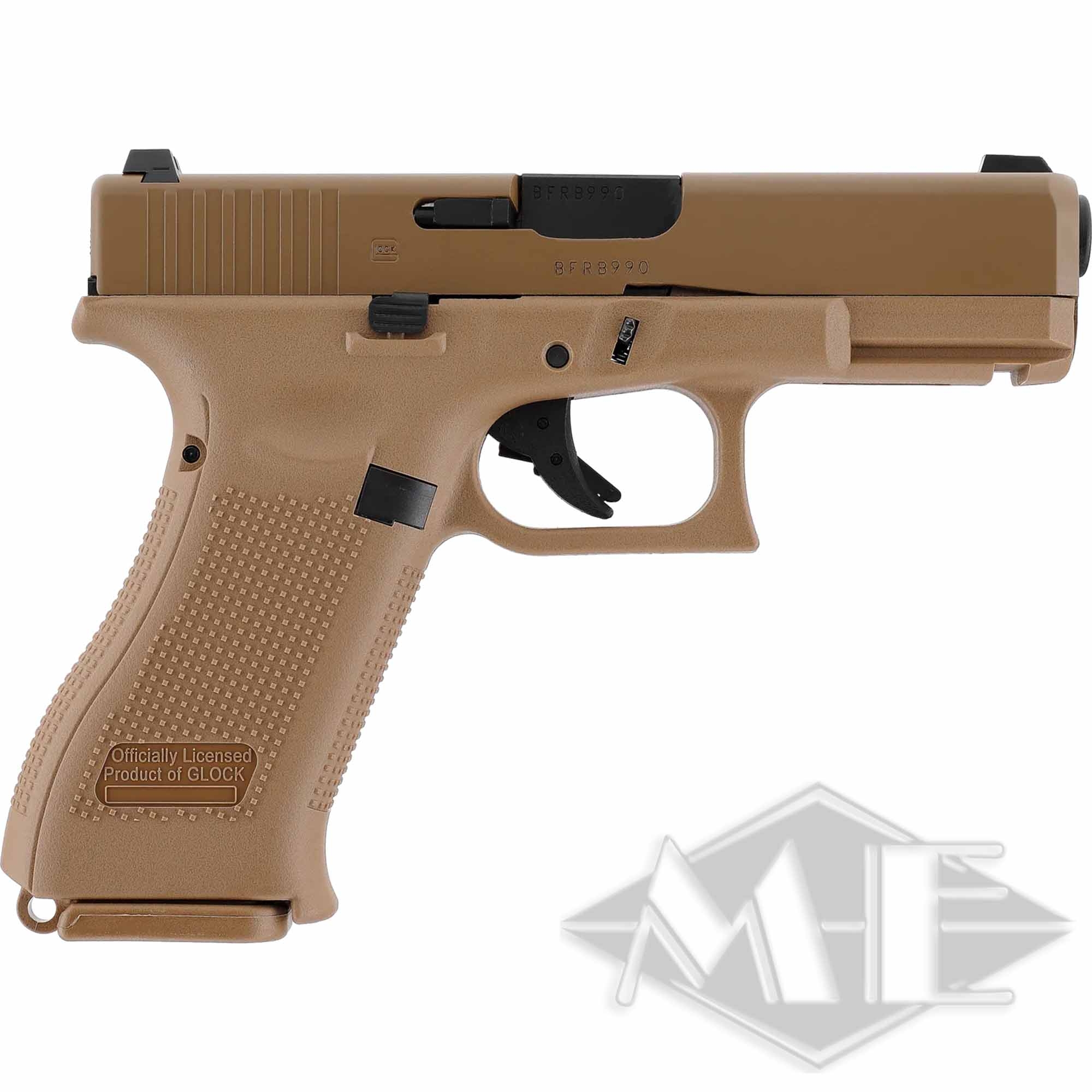 Umarex Airsoft Glock marker cal. 6mm "GLOCK 19X" < 1.0 J Gas GBB Coyote Pistole, sandfarben, Kunststoffgriff, Strukturierter Griff, Schwarze Visierung