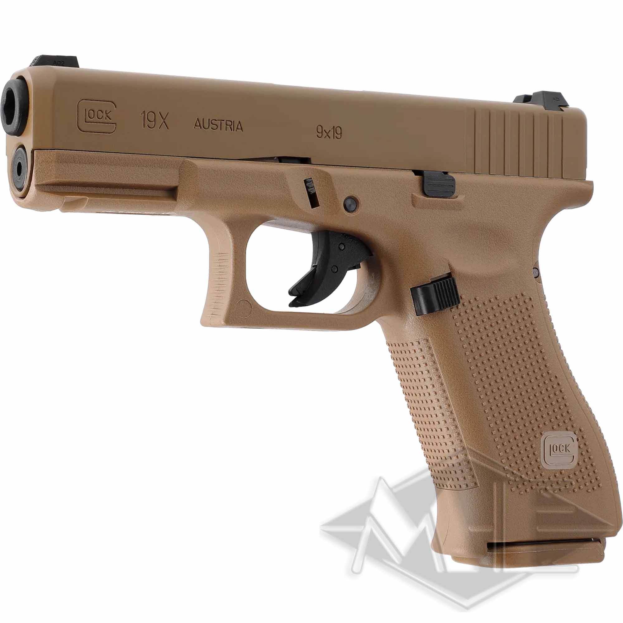Umarex Airsoft Glock marker cal. 6mm "GLOCK 19X" < 1.0 J Gas GBB Coyote Pistole, Kunststoffgriff, Coyote-Braun, 9×19 mm, Strukturierter Griff
