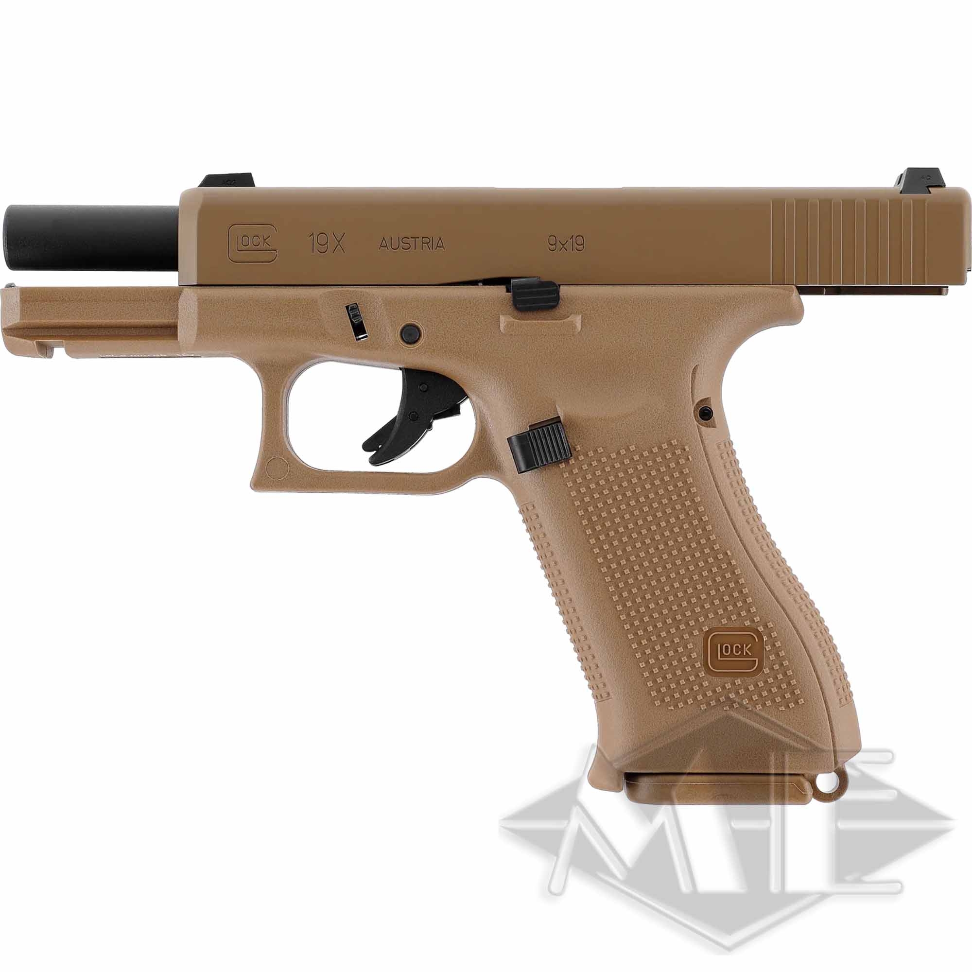 Umarex Airsoft Glock marker cal. 6mm "GLOCK 19X" < 1.0 J Gas GBB Coyote Pistole, Coyote-Braun, Strukturierter Griff, Schwarzer Schalldämpfer, 9×19 mm