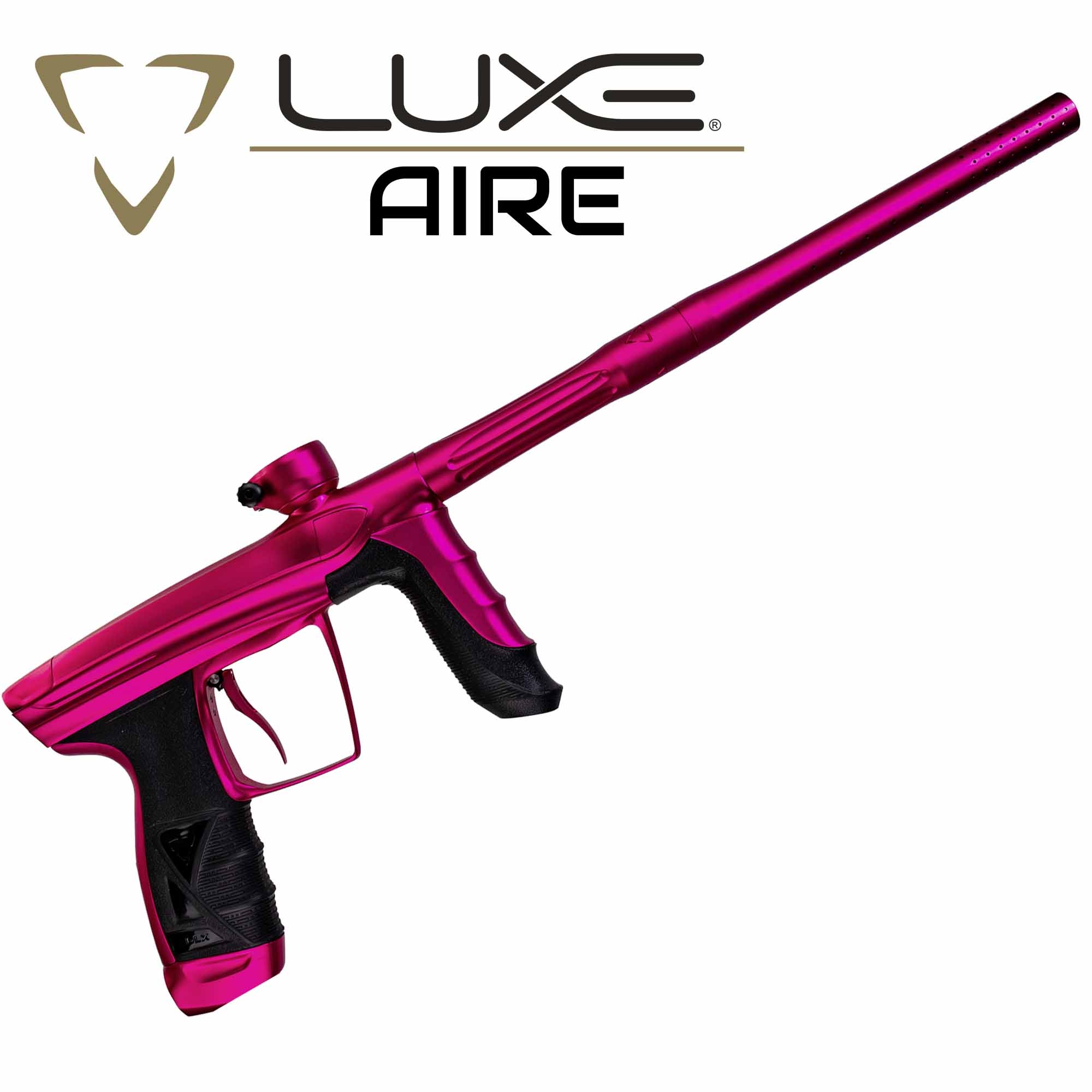 DLX Luxe® AIRE marker, dust pink paintball gun, magenta color, long barrel, pistol grip, airsoft marker