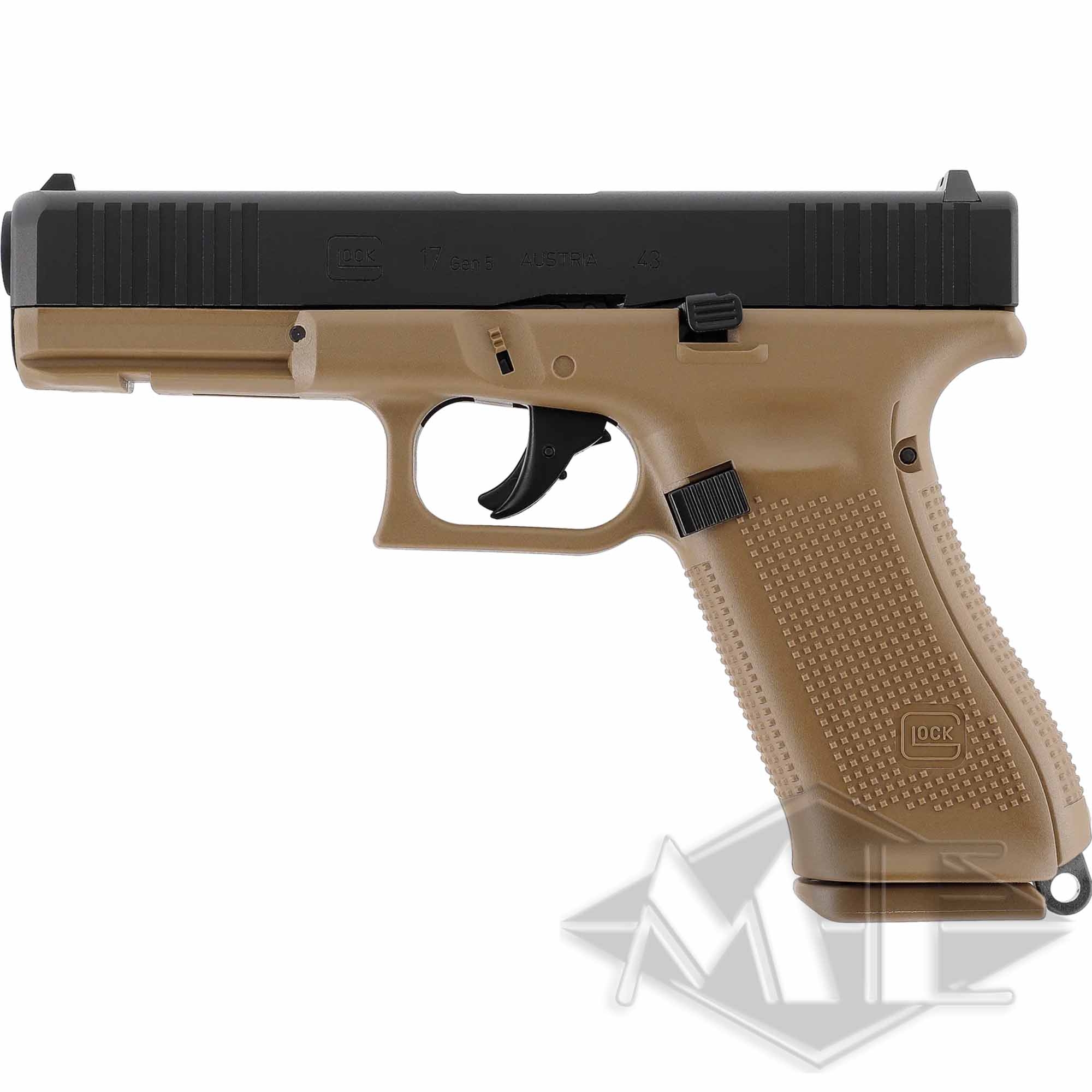 Pistole, Sandfarbenes Griffstück, Schwarzer Verschluss, Strukturierter Griff, Glock 17 Gen5