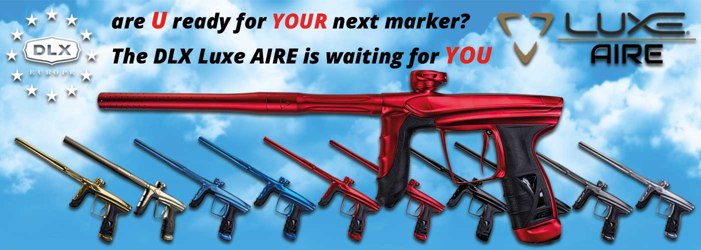 DLX_Luxe_AIRE_in_Stock_neu paintball gun, Marker, Rot, Farbvariante, Sortiment, paintball marker, air gun, red marker, barrel, gun grip, Paintball-Waffe, Marker, Rot, Luftgewehr, Waffen-Zubehör