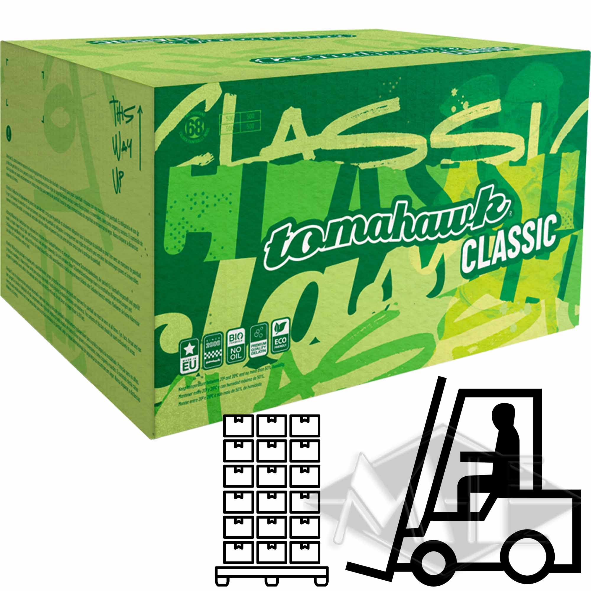 Tomahawk "Classic" paintballs, 130 boxes 1/1 Pallet box, grüne verpackung, tohmahawk, klassisch, versand forklift