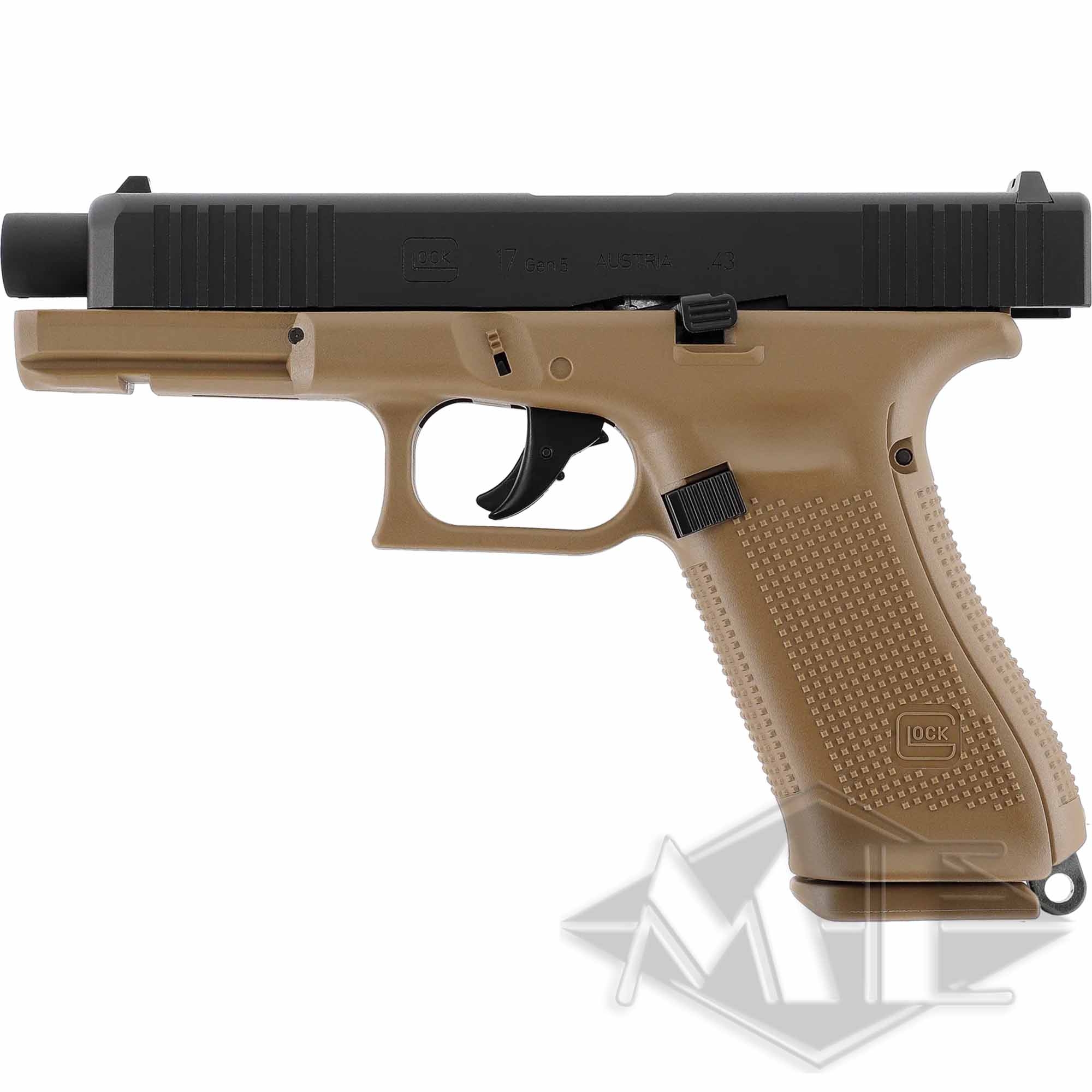 Pistole, Glock 17 Gen5, schwarzer Verschluss, sandfarbenes Griffstück, Polymerrahmen