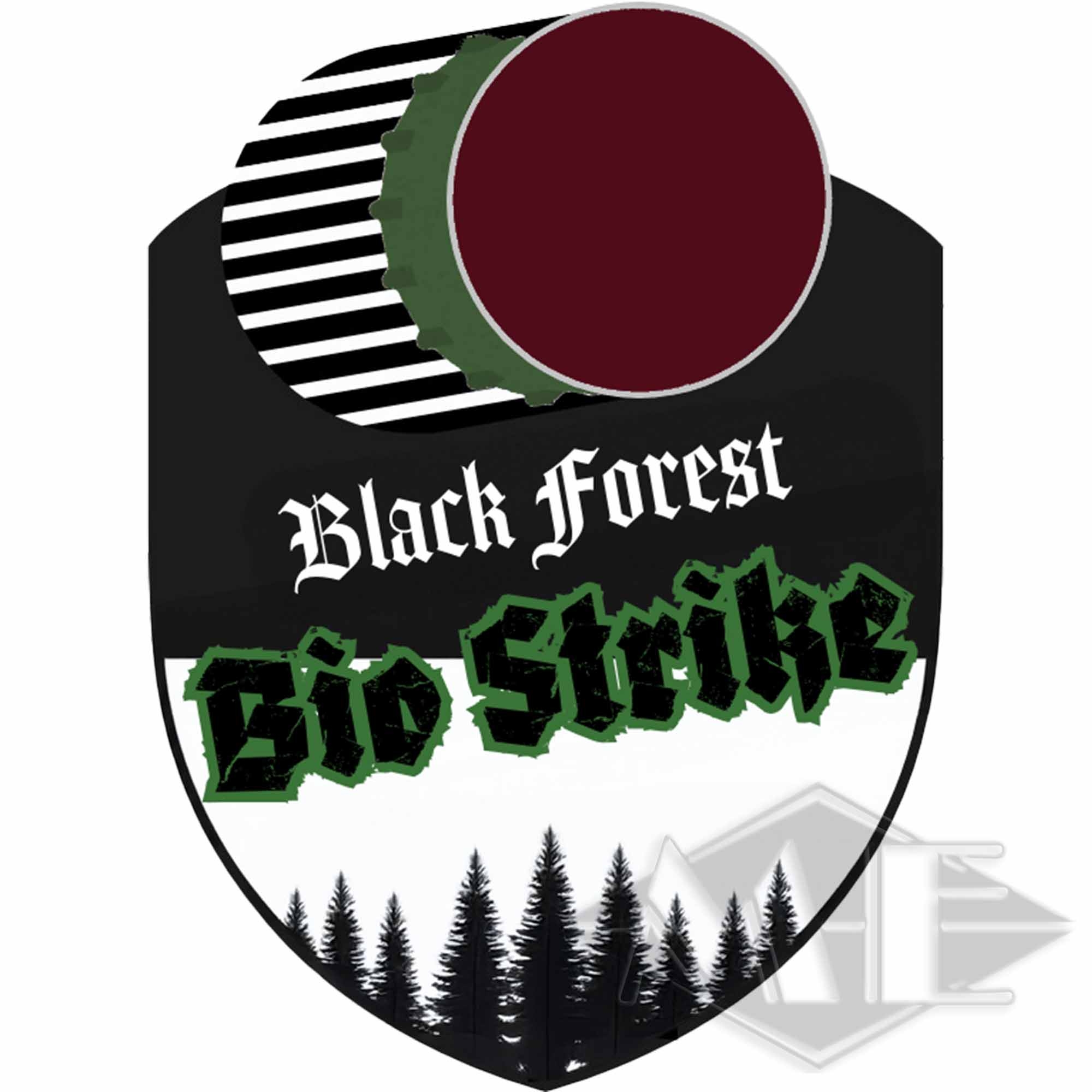 BioStrike Black Forest Testkit 100 Finns, cal. 68 Logo, Schwarzwald, Etikett, Evergreen-Bäume, Roter Siegel