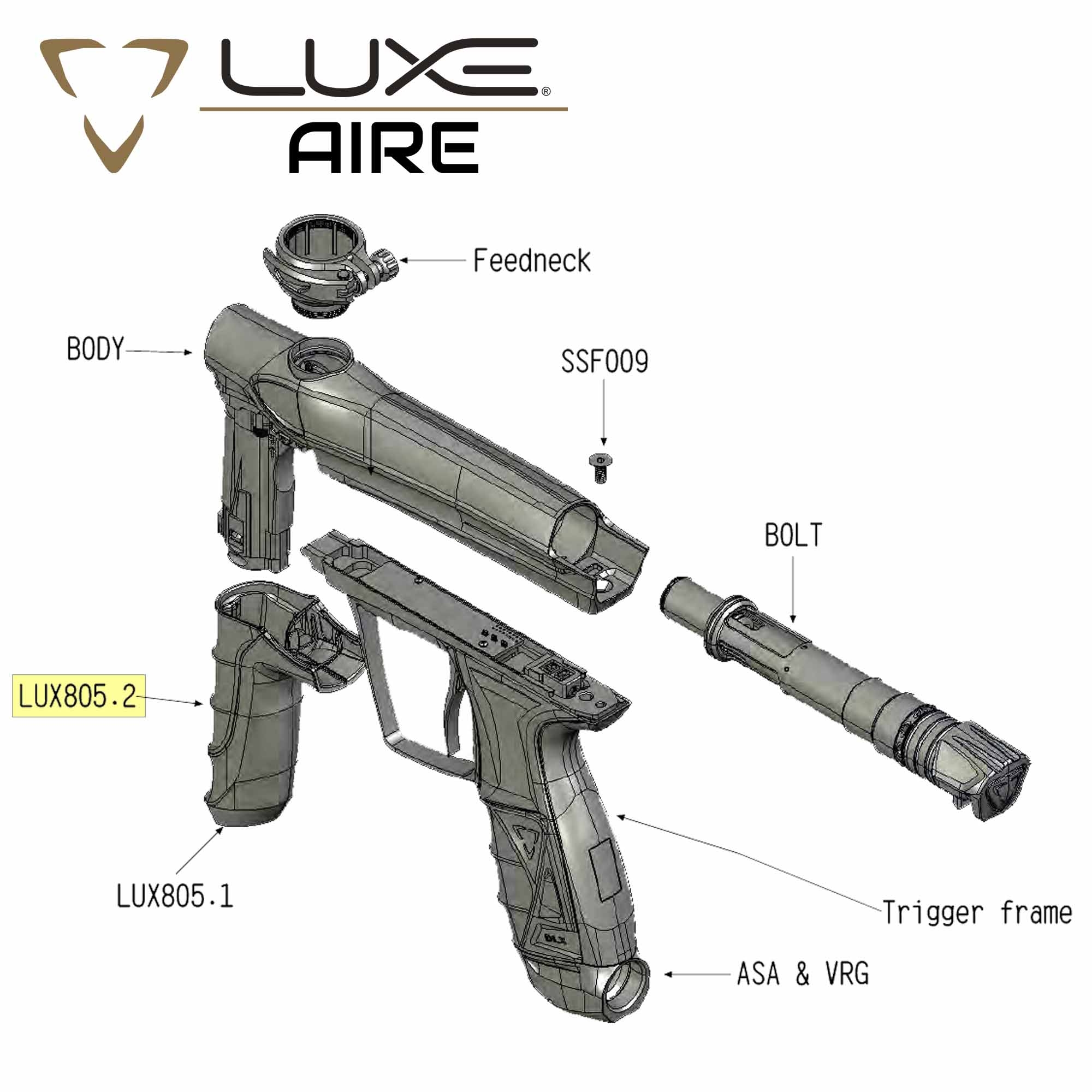 Schaft, Pistolengehäuse, Trigger Frame, Konstruktionszeichnung, LUXE AIRE