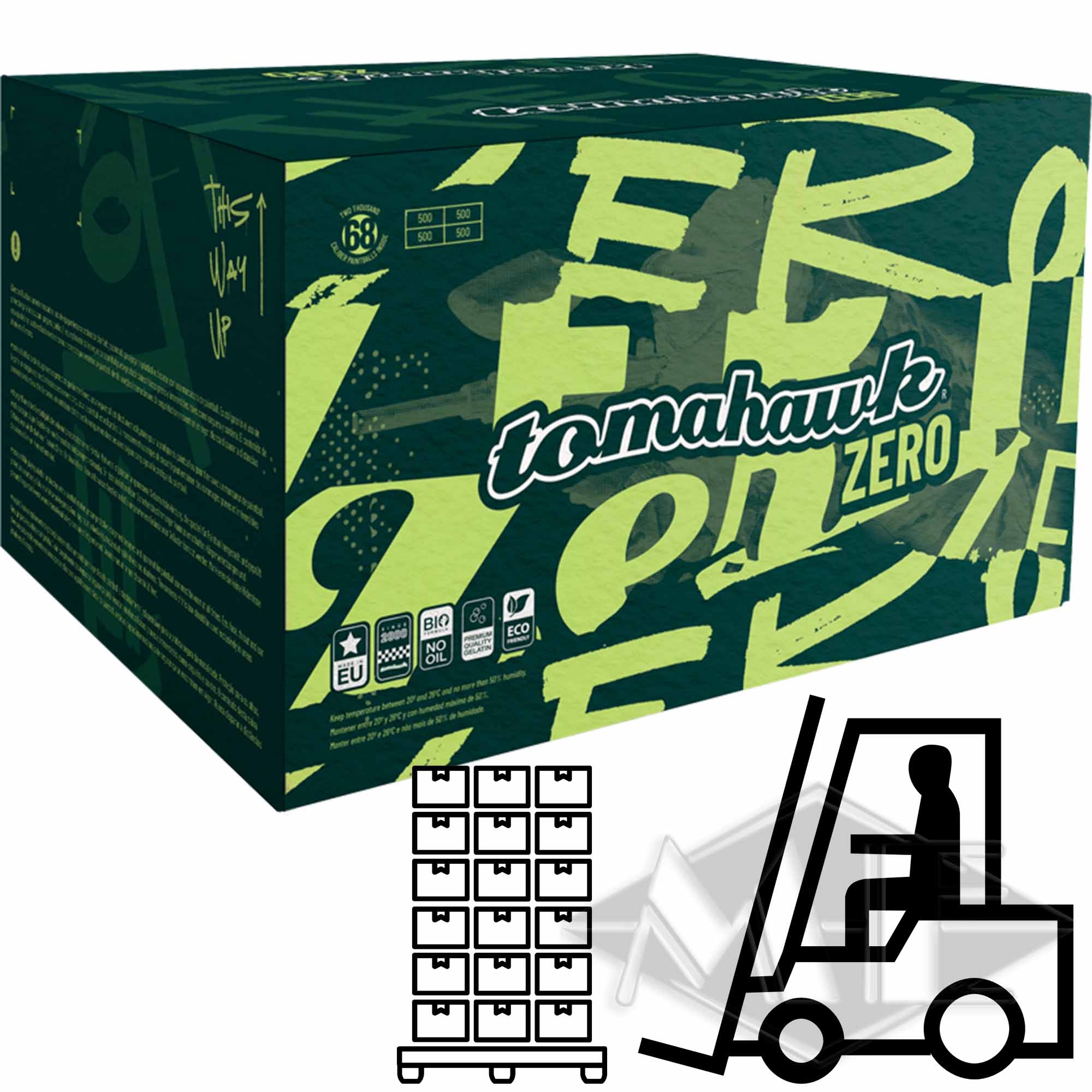 Tomahawk "Zero" paintballs, 130 boxes 1/1 Pallet Kiste, Tomahawk, Grün, Zero, Verpackung