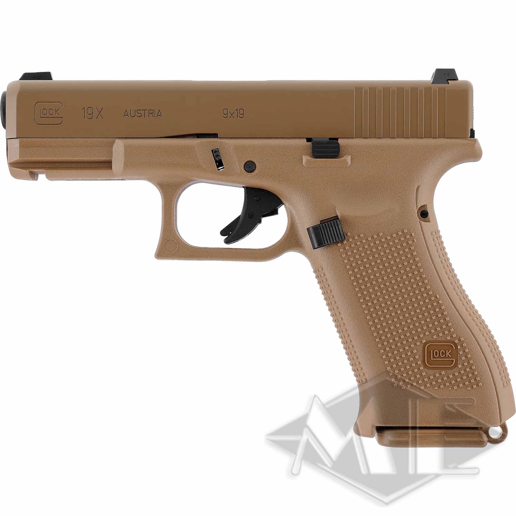 Umarex Airsoft Glock marker cal. 6mm "GLOCK 19X" < 1.0 J Gas GBB Coyote Pistole, Glock 19X, Coyote-Braun, 9×19 mm, Polymergriff